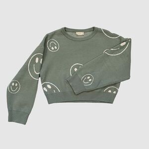 Altar’d State Smiley Face Sweater Sage Green Cropped Knit Size L